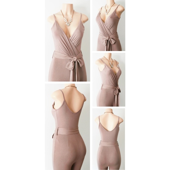 Mocha Taupe Surplice V Neck Sexy Bodycon Jumpsuit - Picture 3 of 8